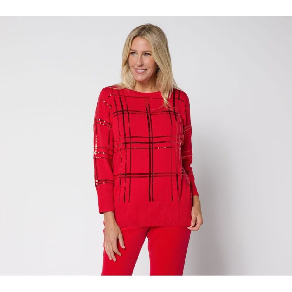 Denim & Co. Women's Top Sweater Sz L Plaid Sequin Boat Neck Bracelet Red